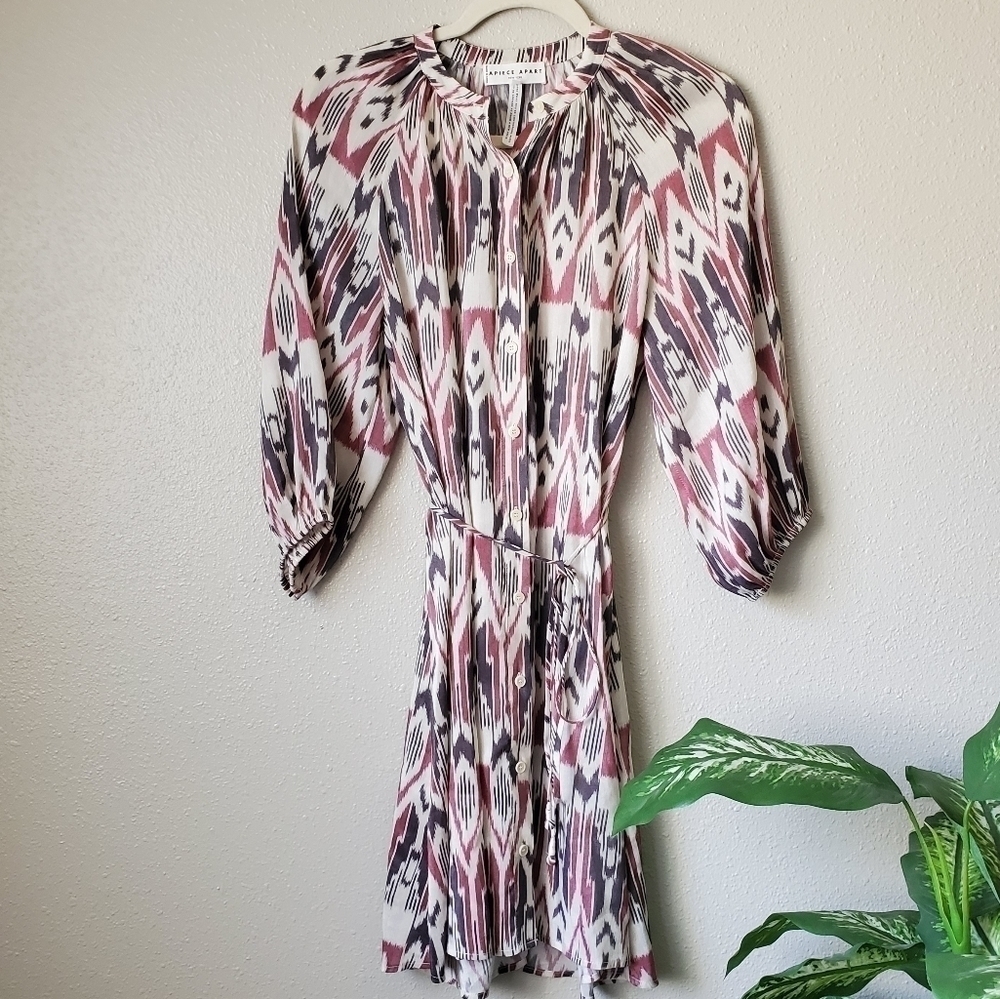 Apiece Apart Mini Hisa Linen Silk Puff Sleeve Belted Mini Dress In Bali Ikat 0
